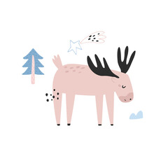 Cute Reindeer Illustration, Scandinavian Nordic Animal Art, Minimal Forest Poster for Kids Room