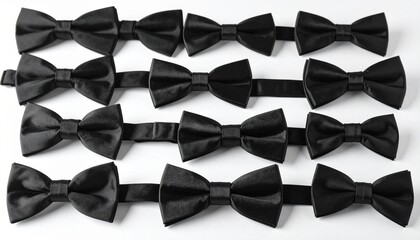 Black bow ties arranged on white background showcasing varied shapes and knot