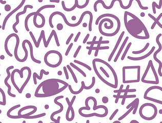 Seamless abstract background, purple lines, whimsical geometric shapes, fun quirky doodles, trendy vector, contemporary surface.