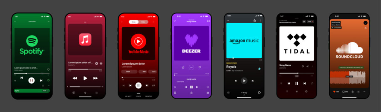 Music Streaming App UI Mockup &ndash; Spotify, Apple Music, YouTube Music, Deezer, Amazon Music, Tidal, and SoundCloud Interfaces in Dark Mode