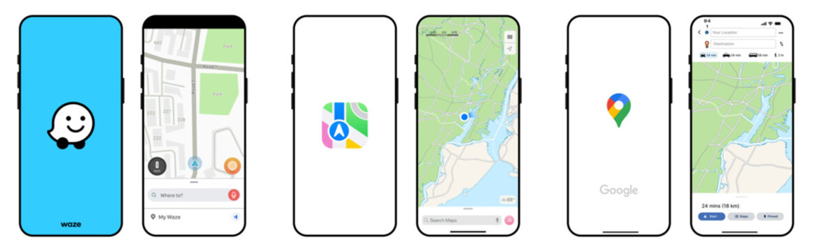 Navigation App UI Mockup &ndash; Waze, Apple Maps, and Google Maps Interface on Smartphone Screens.