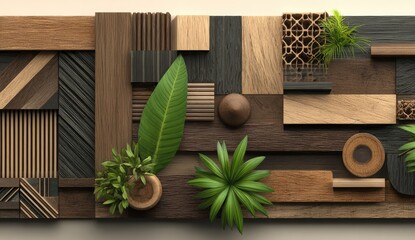 Organic plant elements adorn a textured collage of wood panels.