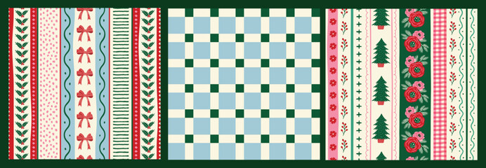 Christmas Seamless Pattern Set of Festive Stripes, Bows, Floral and Check Design in Blue Green and white. Perfect for wrapping paper, textiles, banners, backdrop, and holiday decor.