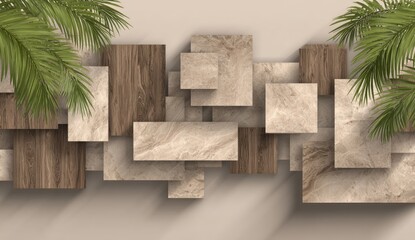 Overlapping textured rectangles create a modern abstract pattern with palm leaves.