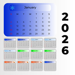 Calendar 2026. Vector template. Week starts Sunday. Yearly planner, wall or desk organizer, schedule, agenda. Simple illustration.