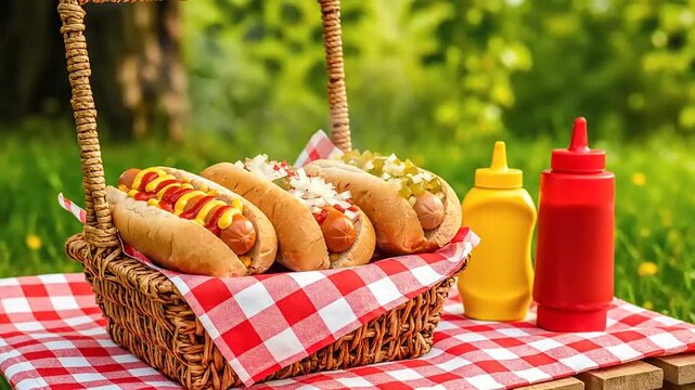 Hot dogs in basket on picnic table.