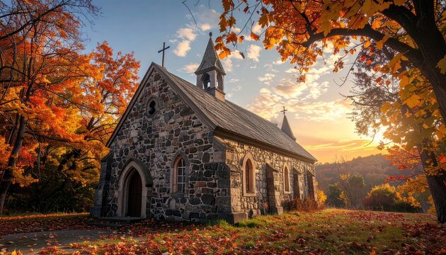 Small Stone Chapel Surrounded by Vibrant Autumn Trees During Golden Hour Sunset With Falling Leaves And Warm Sunlight