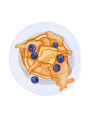 hand drawn watercolor pancakes with honey and blueberries