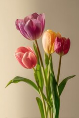Fototapeta premium Colorful spring tulips against set against a soft beige textured backdrop.