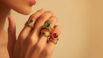 A woman's hand adorned with multiple rings featuring colorful gemstones, on a minimalist beige background