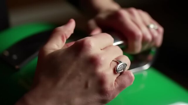 Person hands working with a green object.