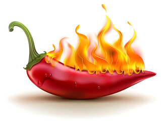 A vibrant red chili pepper engulfed in bright yellow flames against a white background 