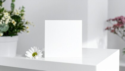 Minimalist white card with ceramic vases and twigs on softly lit surface.