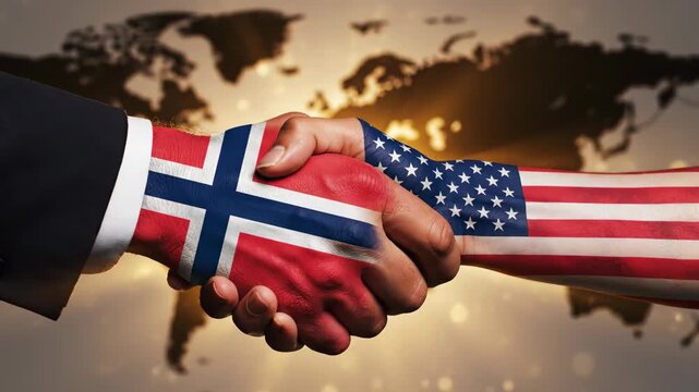 USA and Norway Partnership Handshake with Flags over World Map