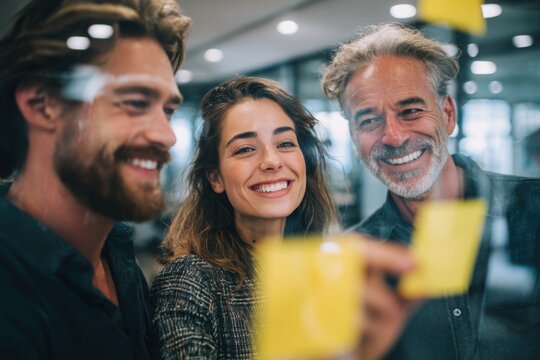 Group of young professionals collaborating during brainstorming session, using colorful sticky notes on glass wall in modern office.