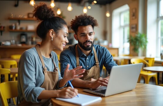 Two cafe owners plan business strategy using laptop and notebook. They discuss finances and future goals for their coffee shop. Diverse team collaborates on restaurant growth. - Powered by Adobe