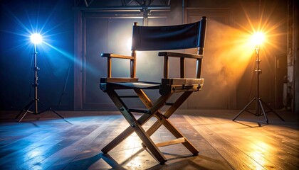 Cinematic studio setup with black director’s chair and dramatic lighting.