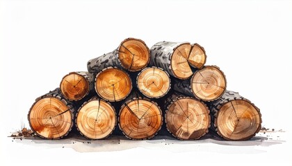 Triangular stack of cut logs with exposed circular ends on white background.