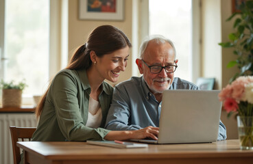 Granddaughter teaches grandfather to use a laptop computer at home. The senior man types on the keyboard with her help. They are smiling and happy together indoors.
