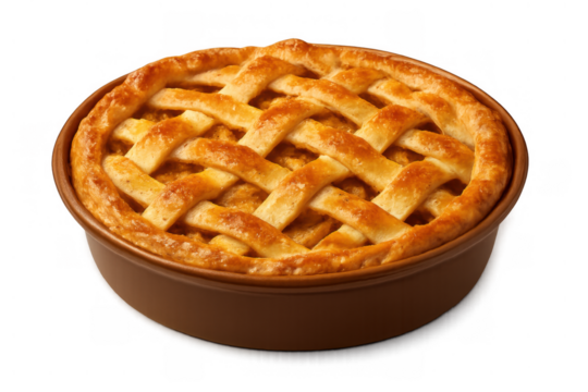 Apple pie with golden lattice crust in a brown baking dish, sweet dessert for holidays and comfort food, transparent background