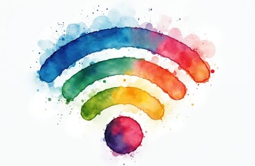 Vibrant watercolor wifi icon on white. Digital connection symbol in rainbow colors. Artistic wi-fi logo for tech products. Wireless internet access point for graphic design projects presentation.