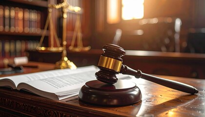 Legal professional at desk with gavel, justice scales, and documents.