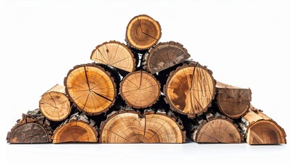 Triangular stack of cut logs with exposed circular ends on white background.
