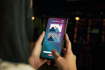 Close-up view of user using online platform for AI image generation on smart phone, designing and creating high quality images based on prompts with artificial intelligence.