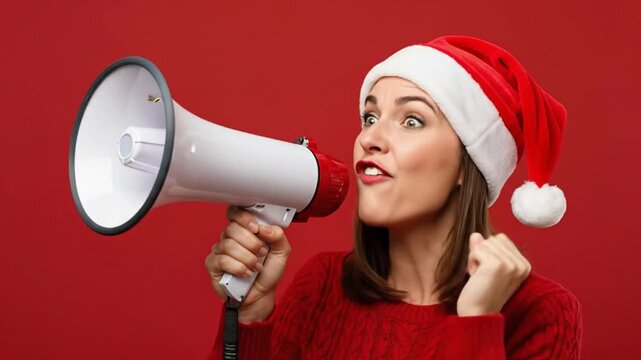Woman in santa hat speaking into megaphone against a red background