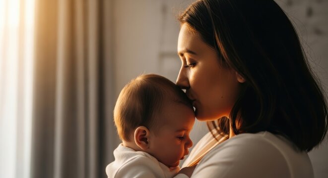 Tender moment of a loving mother gently kissing her newborn baby's forehead, expressing deep affection and care.