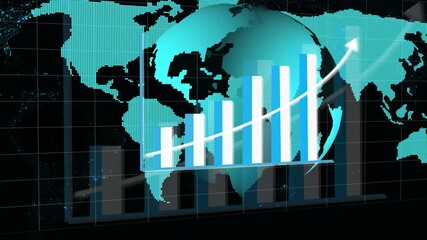 International business performance chart with cyan world map and bar graph . Dynamic cyan world map with bar graph displays global business trends and financial performance effectively. - Powered by Adobe