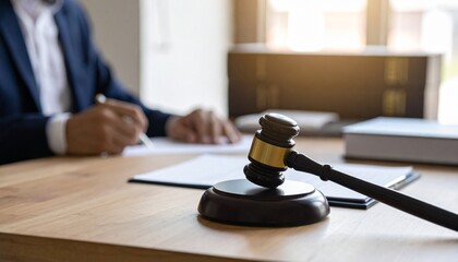 Legal professional at desk with gavel, justice scales, and documents.