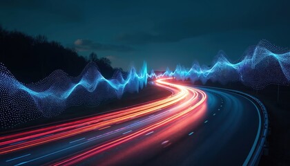 Night highway shows speed with light trails. Digital wave pattern overlays road, suggesting data flow and connectivity. Futuristic transport and tech concept for modern travel.