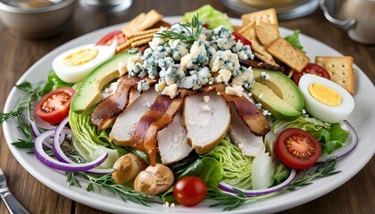 salad with eggs, avocados, tomatoes, and meat