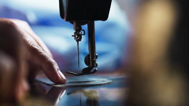 Close-up of Hands Operating a Vintage Sewing Machine Needle and Presser Foot