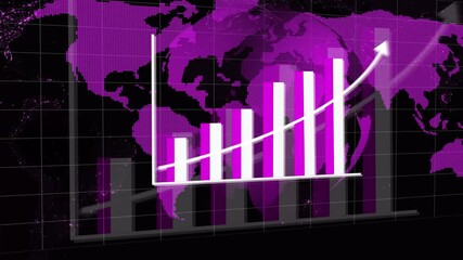Bar graph overlay on purple world map illustrates global economic trends and key market performance data. Global economic trends visualized with a purple world map and bar graph . - Powered by Adobe
