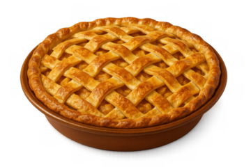 Golden brown baked apple pie in a ceramic dish with a decorative lattice crust, dessert food on transparent background