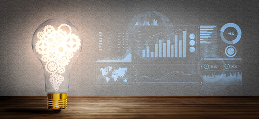 This image features a light bulb with glowing gears symbolizing innovation and creativity against a...