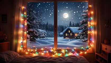 a window decorated with a garland, New Year's Eve outside