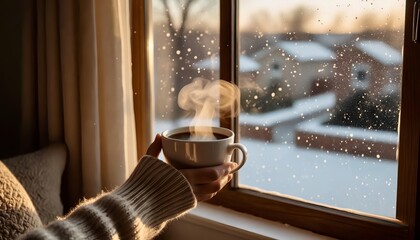 a girl holds a cup of hot drink near a winter window