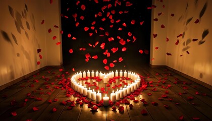 burning roses and rose petals on the floor, a romantic atmosphere