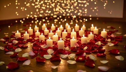 burning roses and rose petals on the floor, a romantic atmosphere