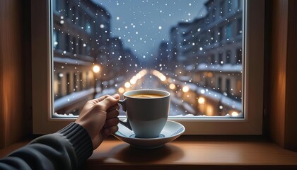 A man's hand holds a mug of a drink near a window, with a view of the city at night