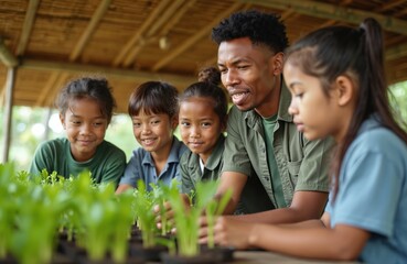 African male teacher with asian students learn farming at outdoor class. Diverse group of kids study botany, planting seedlings. Happy children enjoy biology lesson together at school garden