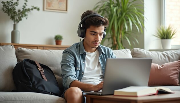 Young man wears headphones, uses laptop on living room sofa. He studies or works from home, focused on screen. Backpack and book are nearby. Remote education learning tech digital online life.