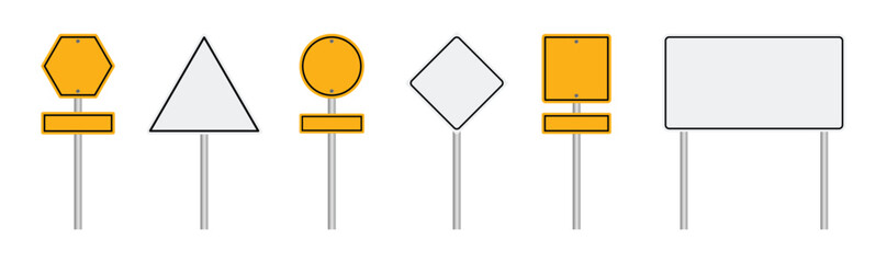 Fototapeta premium Set of yellow road sign. Empty traffic signs. Directional signs. Realistic style. Vector graphics. Highway attention road sign collection.