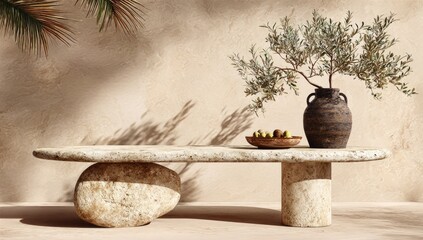 Minimalist stone bench with olive branches and fruit evokes Mediterranean style.