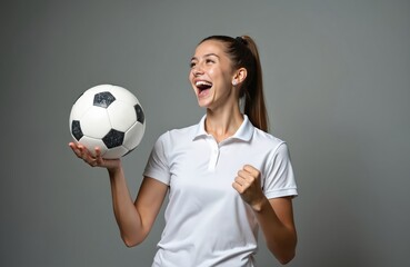 Happy young woman football player holds soccer ball celebrating victory after scoring goal. Excited caucasian female athlete in white uniform shouts with joy. Sporty girl cheers for team success