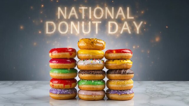 Colorful glazed donuts piled high, celebrating National Donut Day with glowing text.