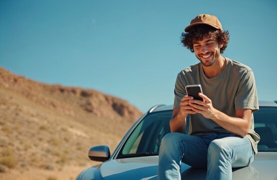 Young man sits on car in desert landscape. He uses mobile phone and smiles. Curly haired guy wears casual clothes and cap. He relaxes outdoors with device in hand.